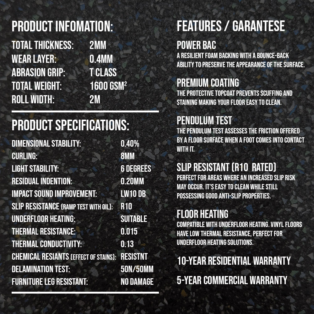 Speckle Vinyl Flooring R10 Anti-Slip Coating Heavy Duty Commercial Grade (2m Wide Roll) - 4-Way Stretch