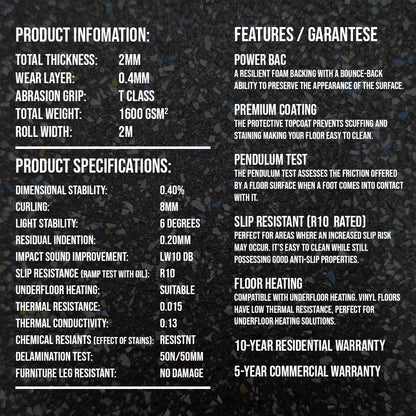 Speckle Vinyl Flooring R10 Anti-Slip Coating Heavy Duty Commercial Grade (2m Wide Roll) - 4-Way Stretch