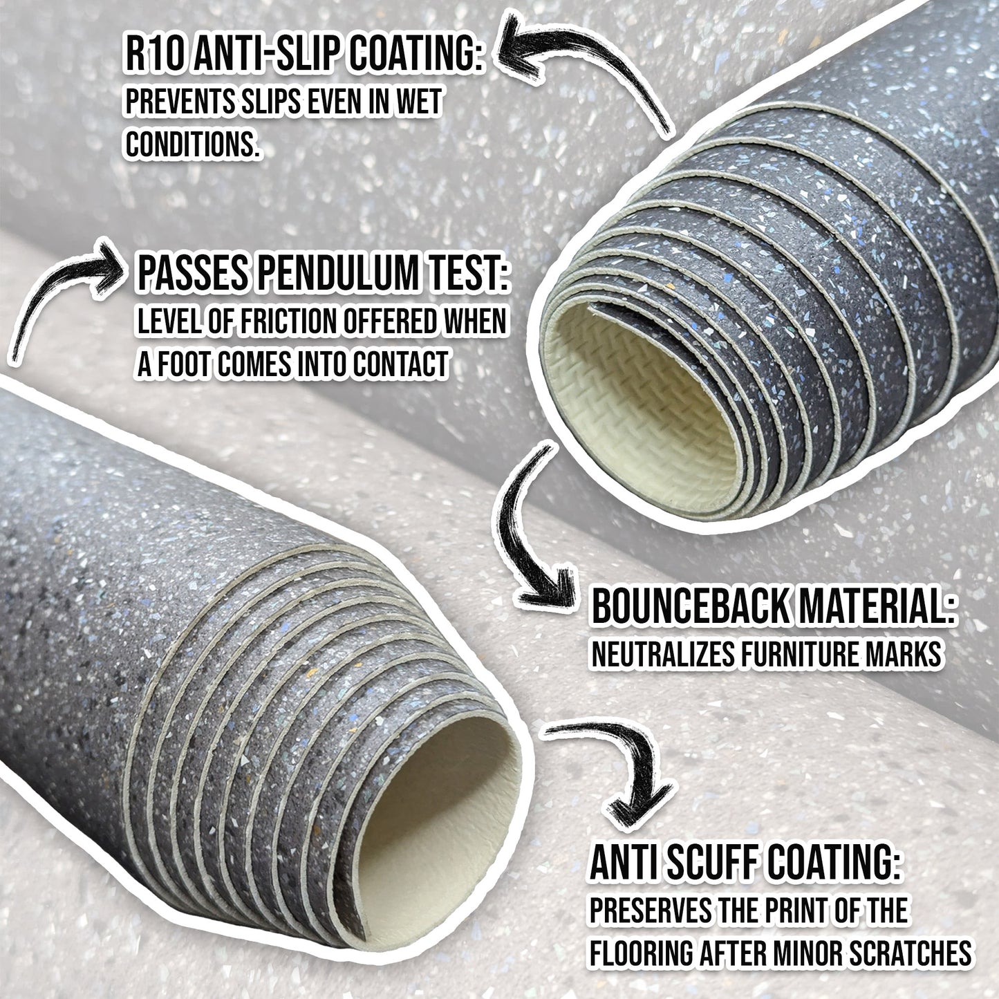 Speckle Vinyl Flooring R10 Anti-Slip Coating Heavy Duty Commercial Grade (2m Wide Roll) - 4-Way Stretch