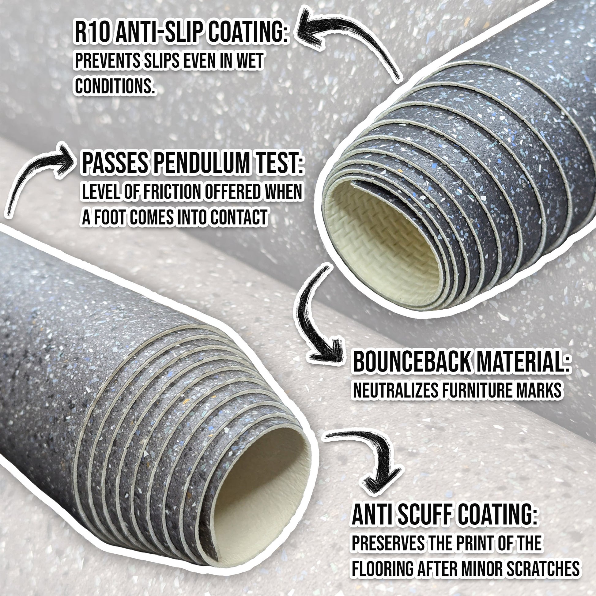 Speckle Vinyl Flooring R10 Anti-Slip Coating Heavy Duty Commercial Grade (2m Wide Roll) - 4-Way Stretch